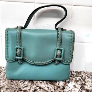 Vintage Filene's Boston Leather Top Stitched Top Handle Bag Aqua Turquoise